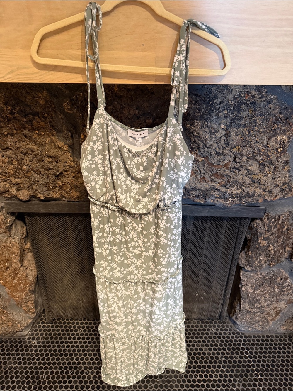 Gilli Sage Green and White Floral Tie-Strap Slip Dress